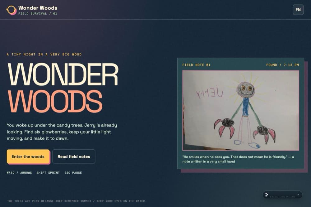 Screenshot of Wonder Woods, a forest adventure game built by a child